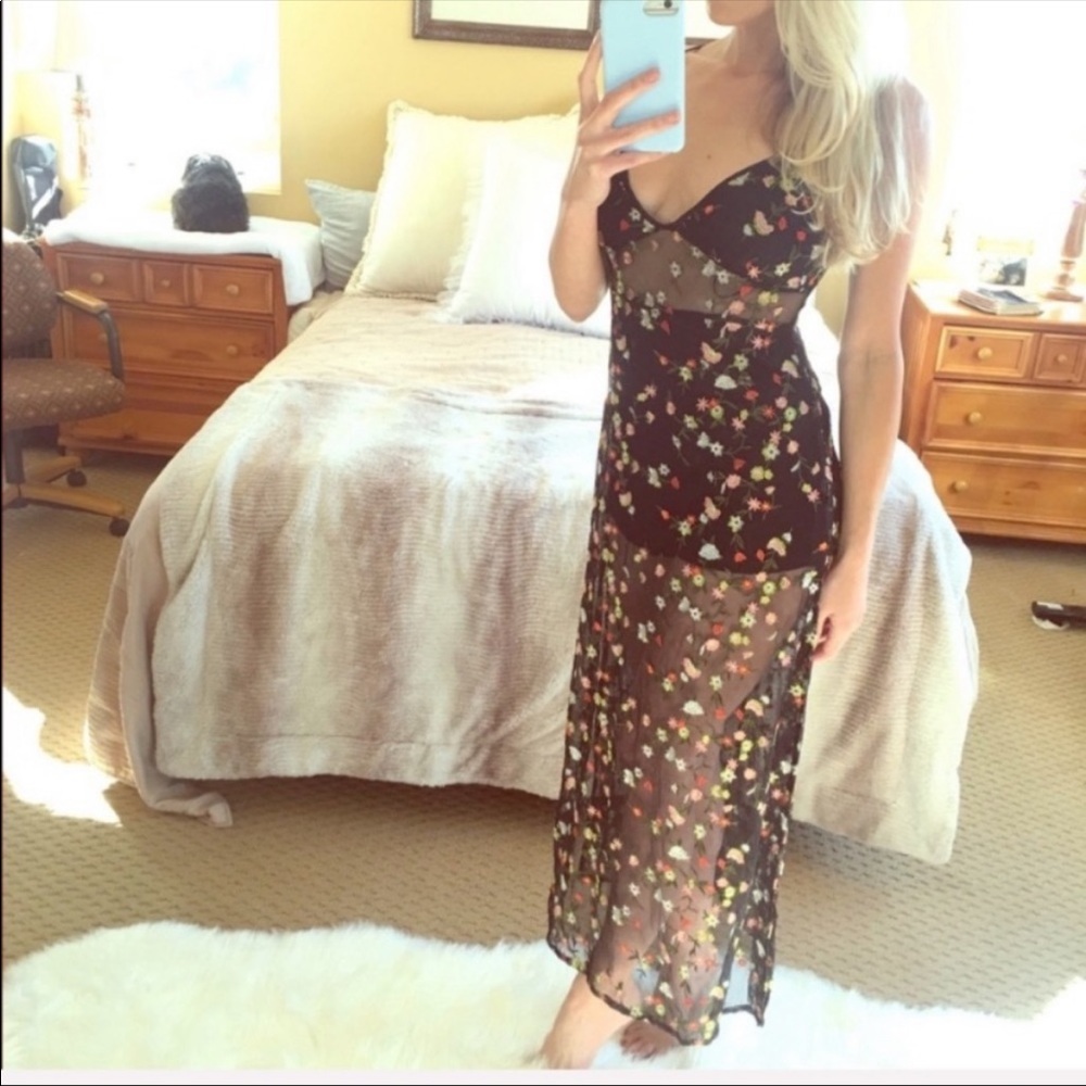 Sexy long black cut out embroidered dress NWT
